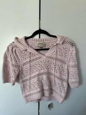 INDUSTRY Light Pink Crochet Hooded Short-Sleeve Sweater